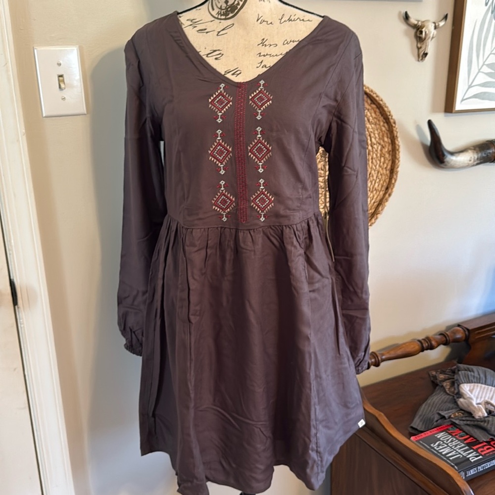 Element Chic Brown Dress with Geometric Embroidery